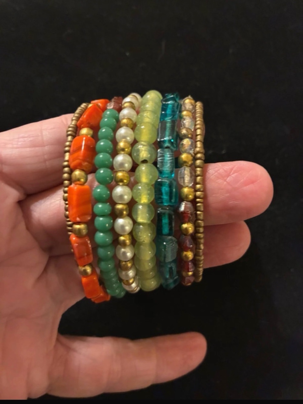 Multi-Strand Glass Beaded Bracelet - Teal, Orange, Green, Yellow, Gold